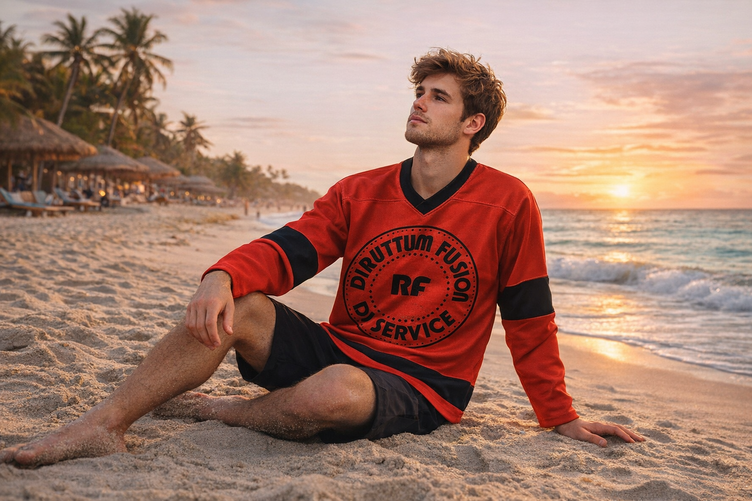 young man in red jersey at sunset